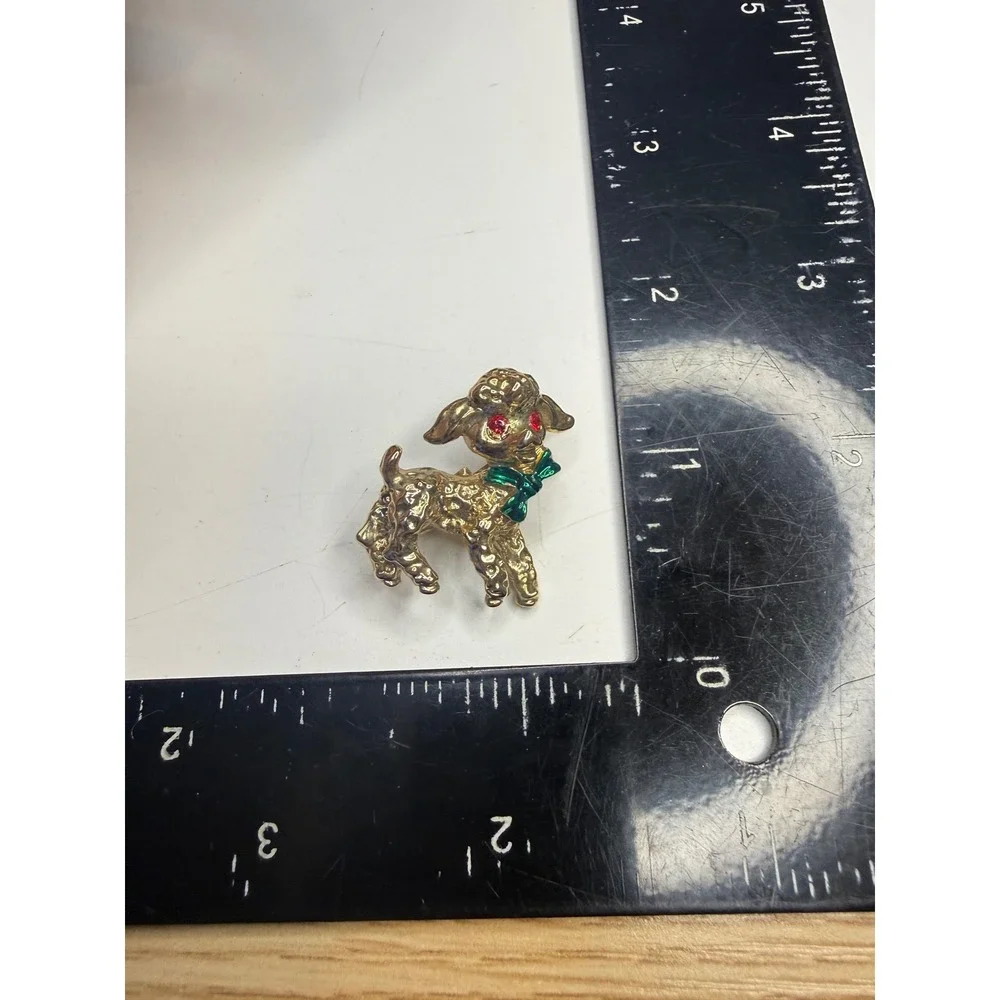Gold Tone Lamb Brooch Red Rhinestone Eyes Green Enamel Bow Animal Pin Taiwan